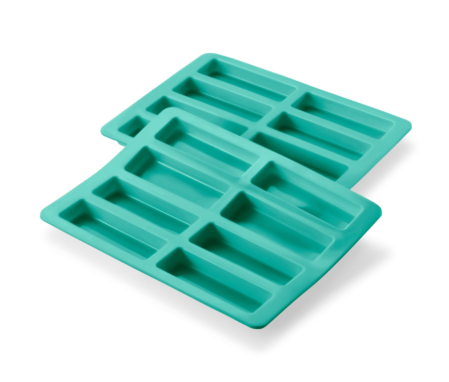 Zwei Müsliriegel-Backformen in Türkis liegen übereinander.