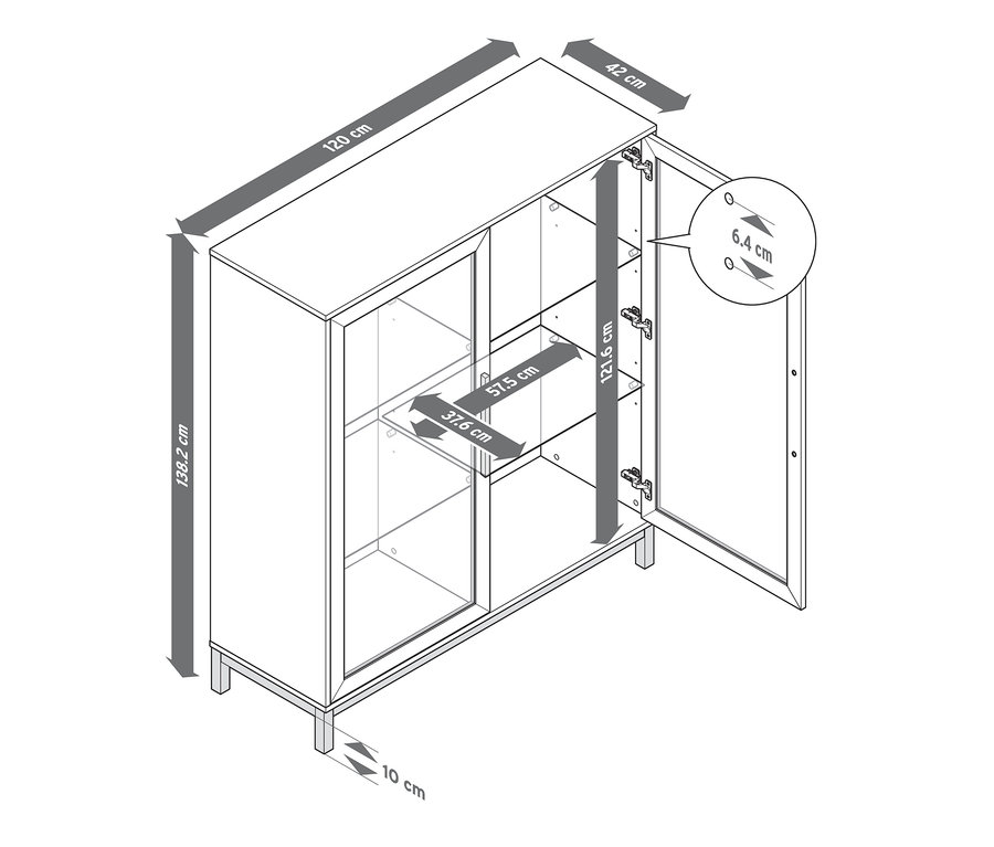 Abmessungen der Vitrine »Eklund« mit 2 Türen.