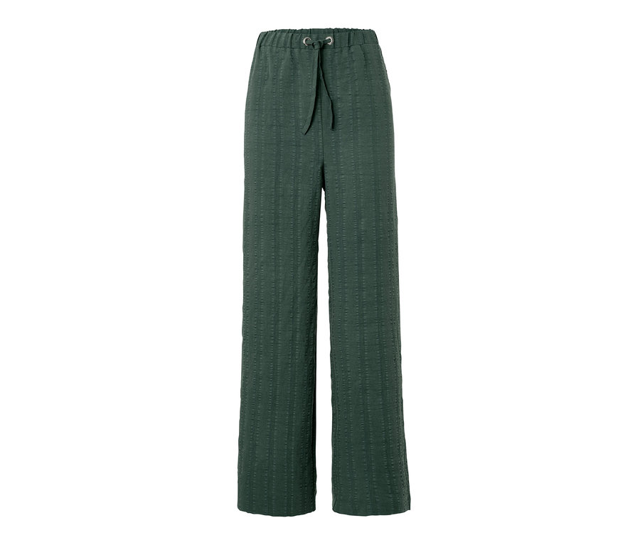 Eine grüne Palazzohose mit Textur und Kordelzug in der Taille.