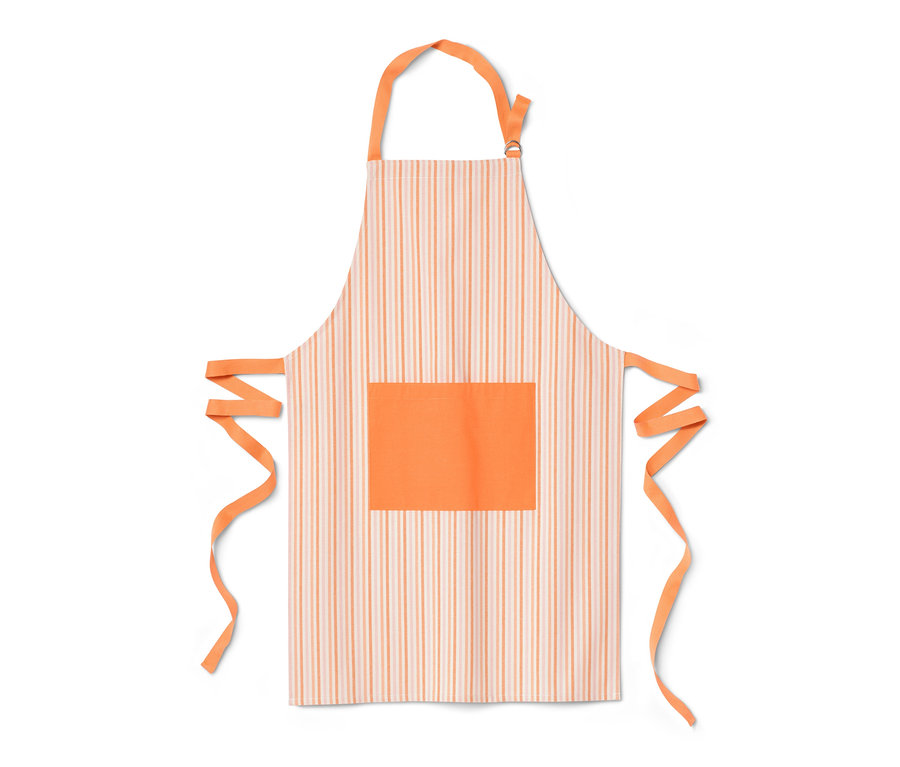 Gestreifte Küchenschürze mit orangen Details und Tasche.