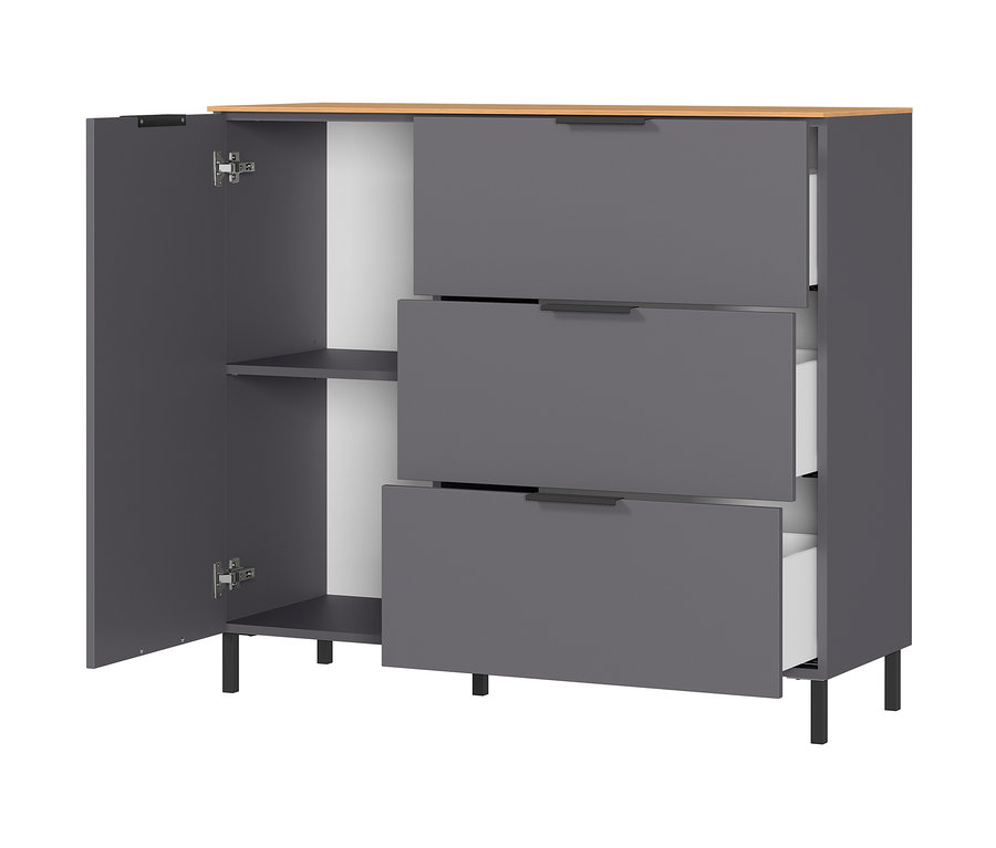 Geöffneter graphitfarbener »CALIFORNIA« Schrank mit Fächern, Schubladen und einer Tür.