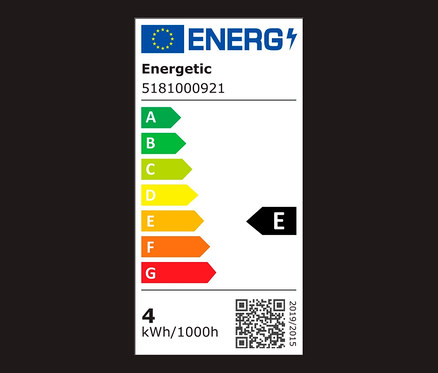 Ein Energieetikett mit Energieeffizienzklassen von A bis G, wobei das Produkt in Klasse E eingestuft ist.