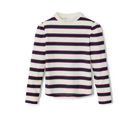 Gestreiftes Kinder-Langarmshirt in Creme und Dunkelblau.