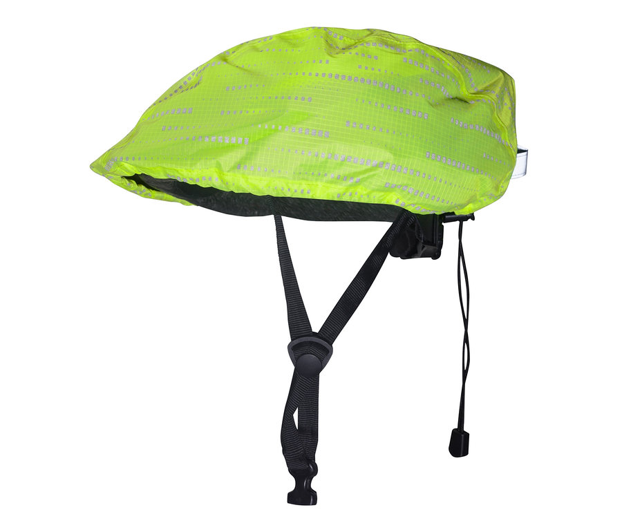 Gelber Fahrradhelm-Regenüberzug auf einem Fahrradhelm.
