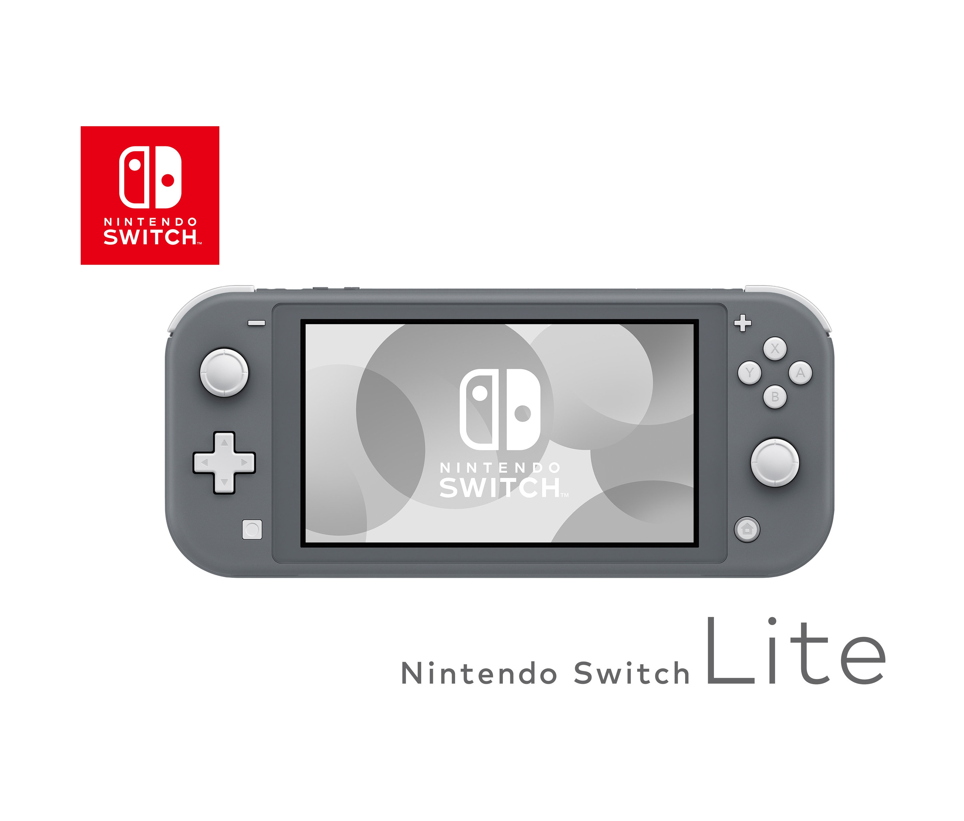 Graue Nintendo Switch Lite-Spielkonsole mit Bildschirm, der das Nintendo Switch-Logo anzeigt.