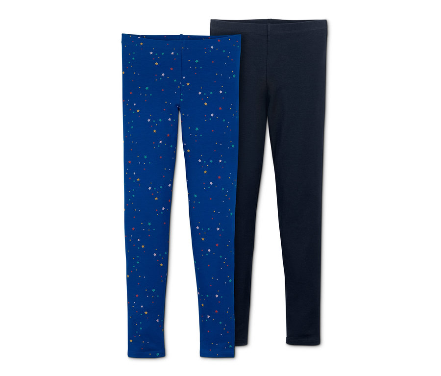 Zwei Leggings: eine blaue mit Sternen, eine dunkelblaue.