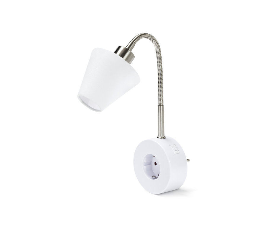 Eine weiße LED-Schwenkleuchte mit Schwanenhals und Steckdose.