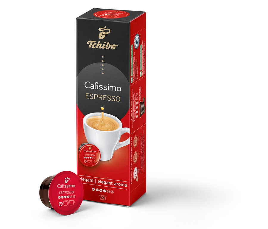 Eine Packung Cafissimo Espresso elegant - 10 Kapseln und eine Kapsel. Auf der Packung ist eine Tasse Kaffee abgebildet.