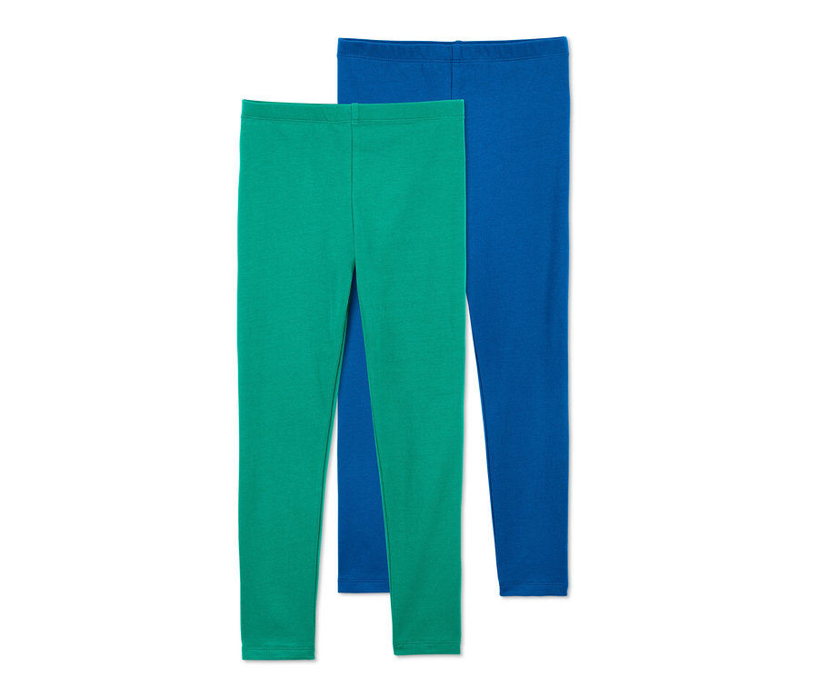 Zwei Leggings, eine blau, eine grün.