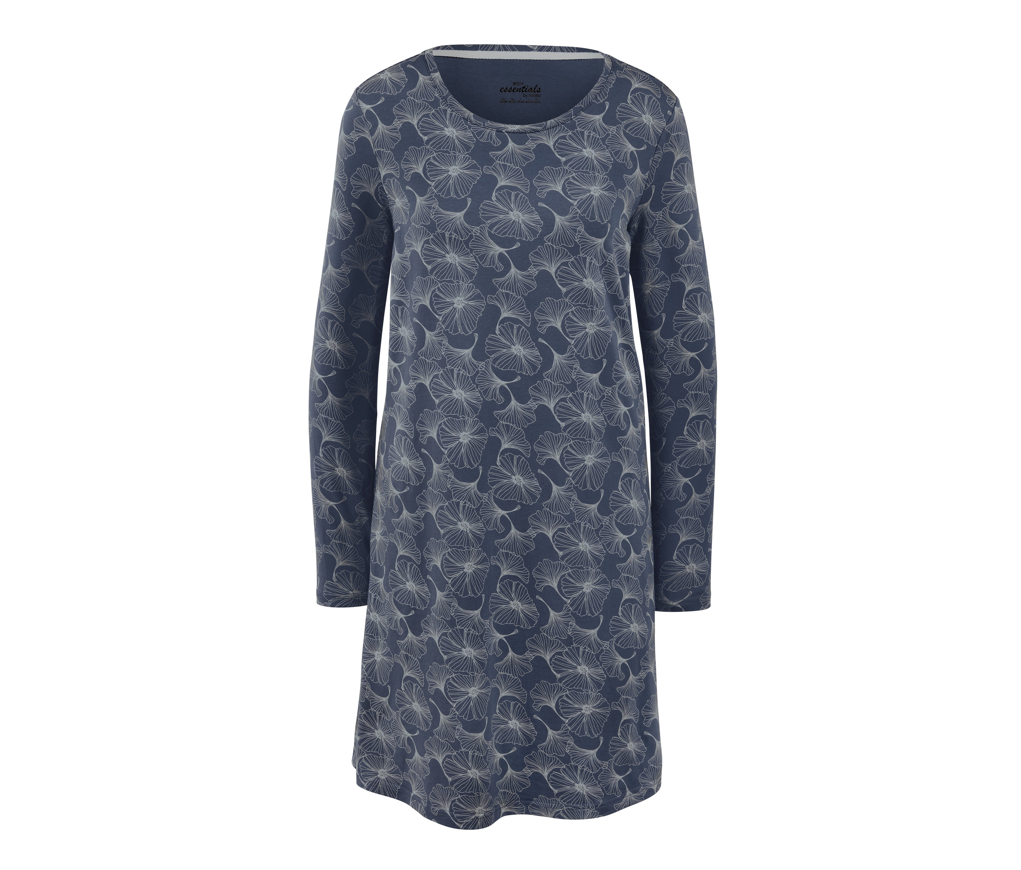 Blaues Nachthemd mit langen Ärmeln und Blumenmuster.