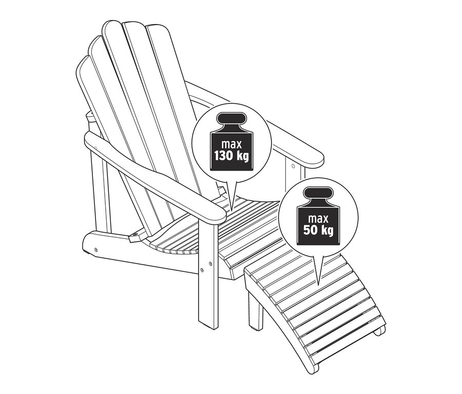Eine Strichzeichnung eines Beach Chairs mit Fußteil, mit einer maximalen Belastbarkeit von 130 kg auf dem Stuhl und 50 kg auf dem Fußteil.