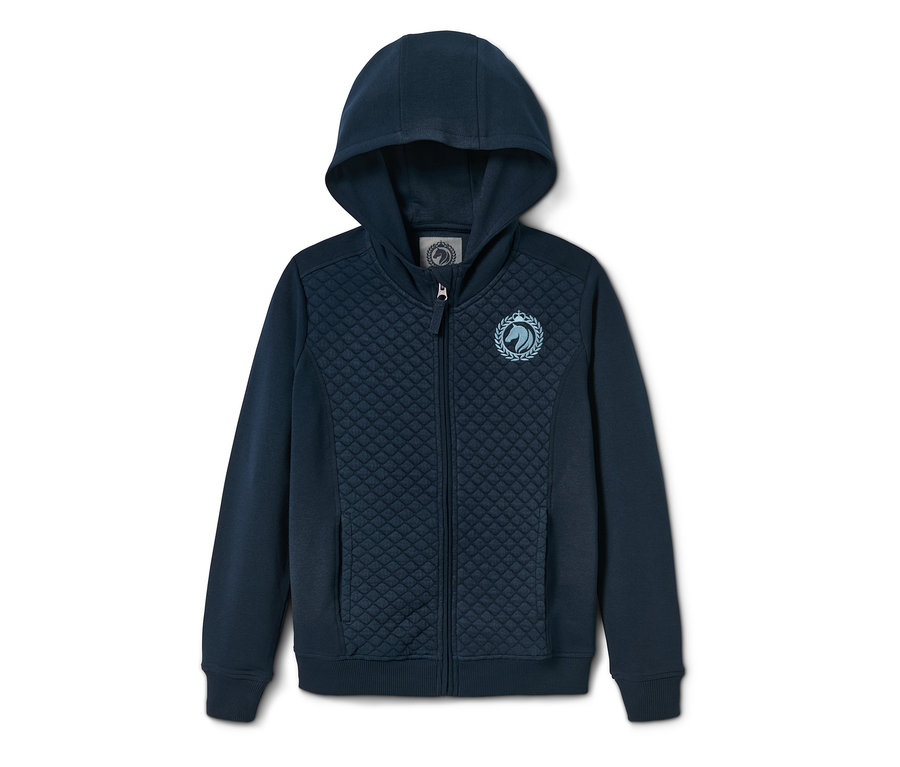 Marineblaue Sweatjacke mit Kapuze und gesteppter Vorderseite.