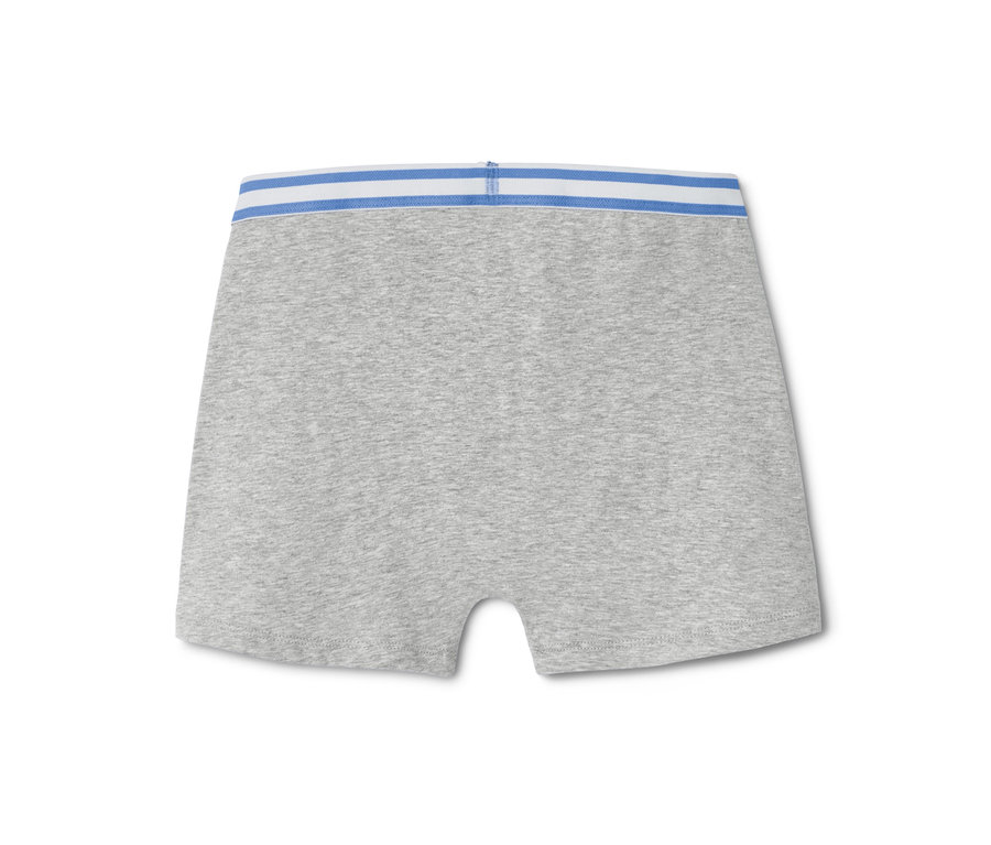 Detailansicht einer grauen Jungen-Boxershorts mit blau-weiß gestreiftem Bund.