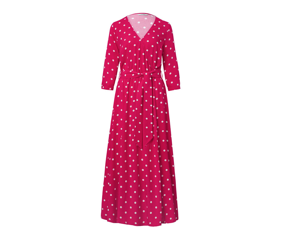 Pinkes gepunktetes Kleid in Wickeloptik mit Gürtel.