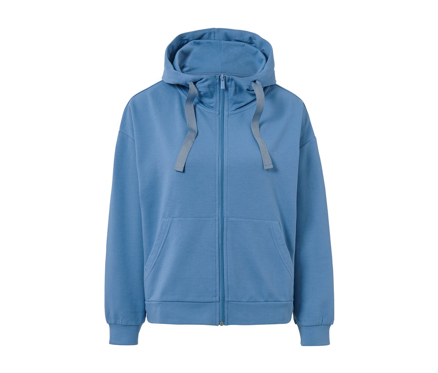 Blaue Loungejacke mit Kapuze und Reißverschluss.