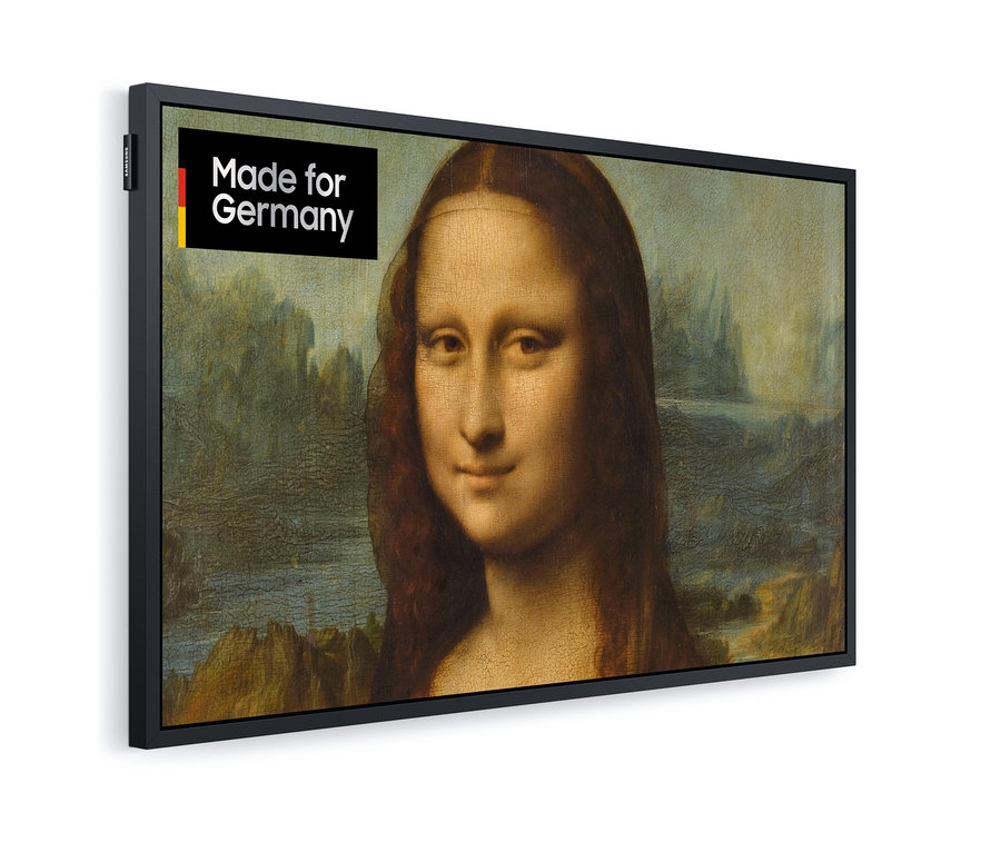 Ein schwarz gerahmter Fernseher zeigt ein Bild der Mona Lisa.