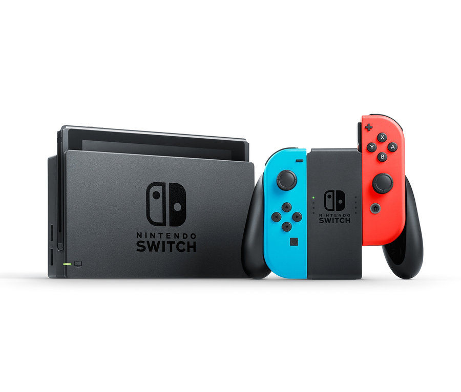 Ein schwarzes Dock und zwei farbige Nintendo Switch-Konsolen auf einem weißen Hintergrund.