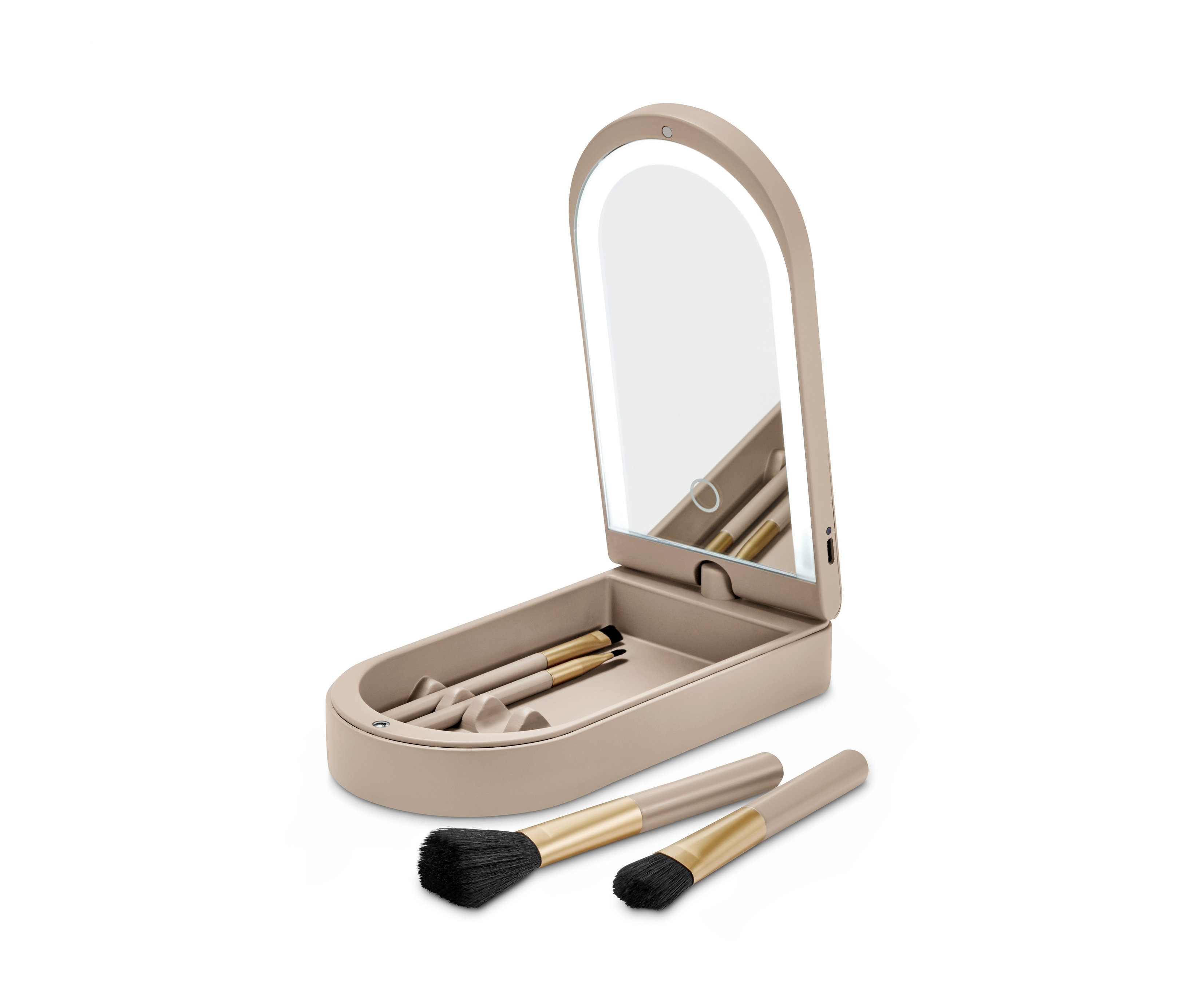 LED-Kosmetikspiegelbox mit Schminkpinseln.