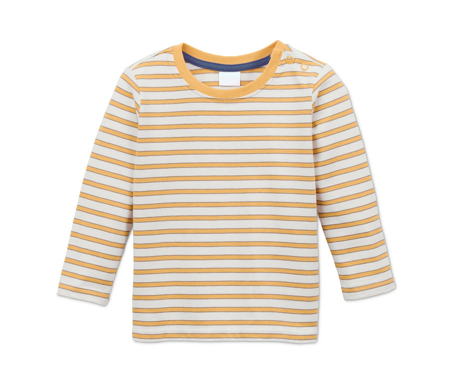 Gelb-weiß gestreiftes langärmliges Shirt.