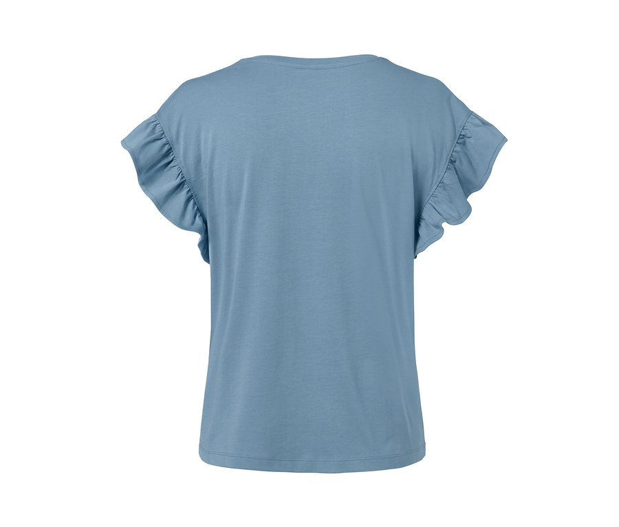 Rauchblaues Shirt mit Volant an den Ärmeln.