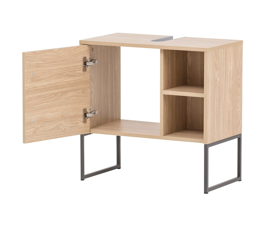 Offener Waschbecken-Unterschrank »Dumone« aus Eichenholz mit Metallbeinen.