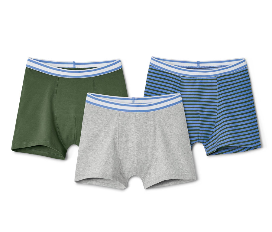 Drei Jungen-Slipboxer in Olivgrün, Grau und Blau-Grün gestreift.