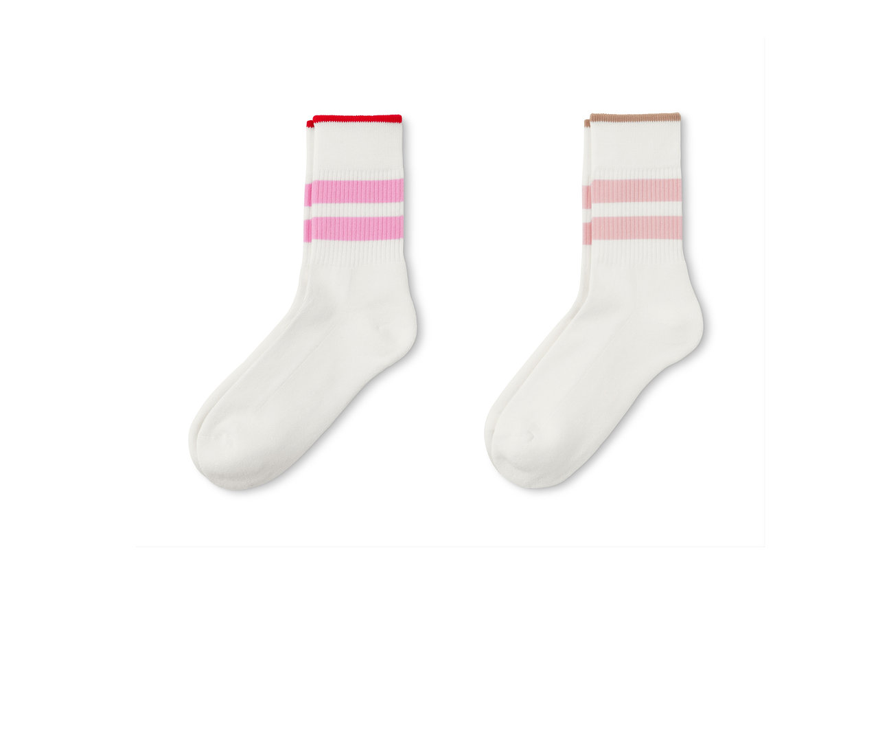 Zwei Paar weiße Tennissocken mit rosa Streifen und farbigem Saum.