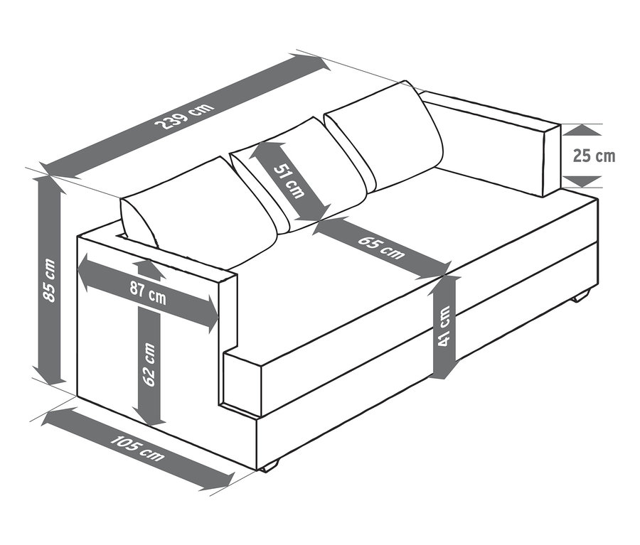 Die Maße des hellgrünen Scapa Dreisitzer-Sofas sind mit Pfeilen dargestellt.