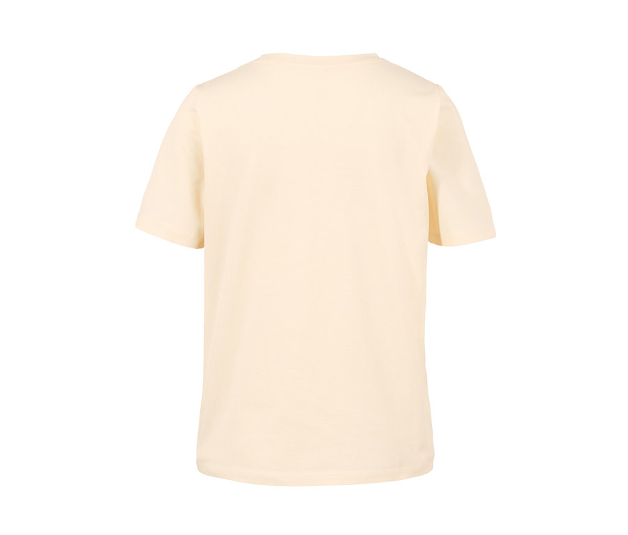 Rückansicht eines cremefarbenen T-Shirts mit Print.