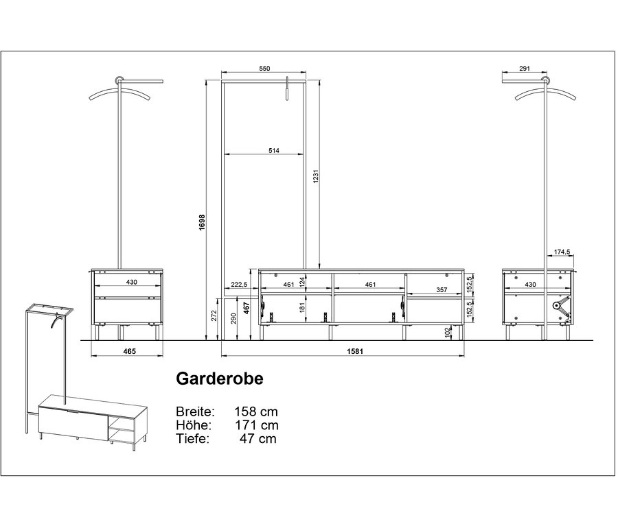 Draufsicht einer graphitfarbenen Garderobe mit Maßangaben.