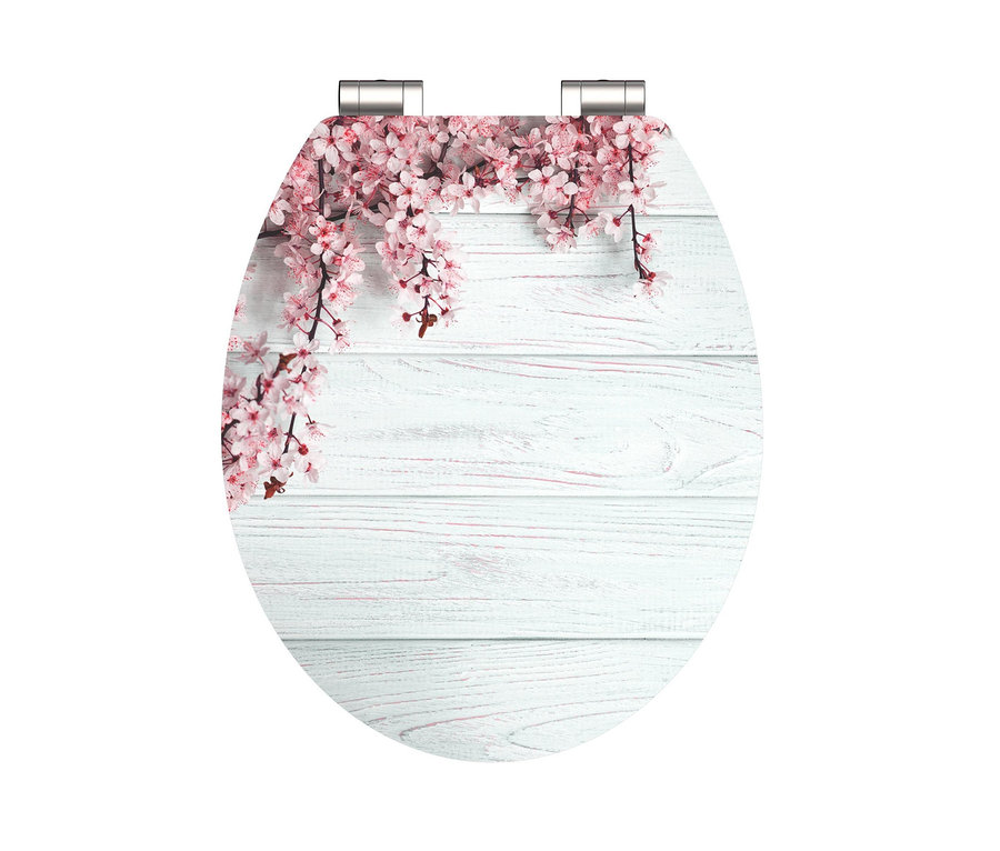 Schütte MDF-High-Gloss-WC-Sitz »Flowers« mit Absenkautomatik mit Blumenmuster auf weißem Holzgrund.