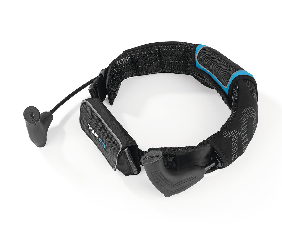 Schwarzer ToneFit-Laufgürtel mit blauen Akzenten und einer Handytasche.