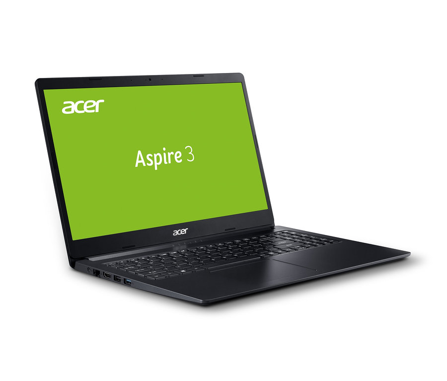Schwarzes Acer Aspire 3 Notebook mit Acer-Logo auf grünem Bildschirm.