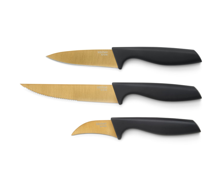 Küchenmesser-Set mit schwarzen Griffen und goldenen Klingen.