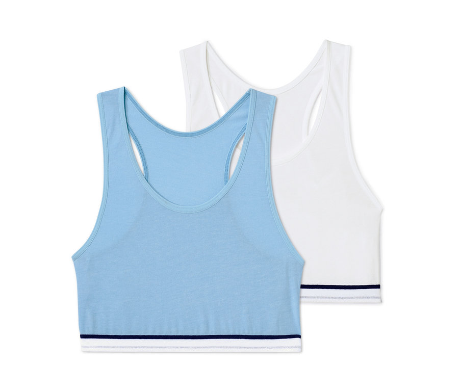 Zwei Mädchen-Bustiers, blau und weiß.