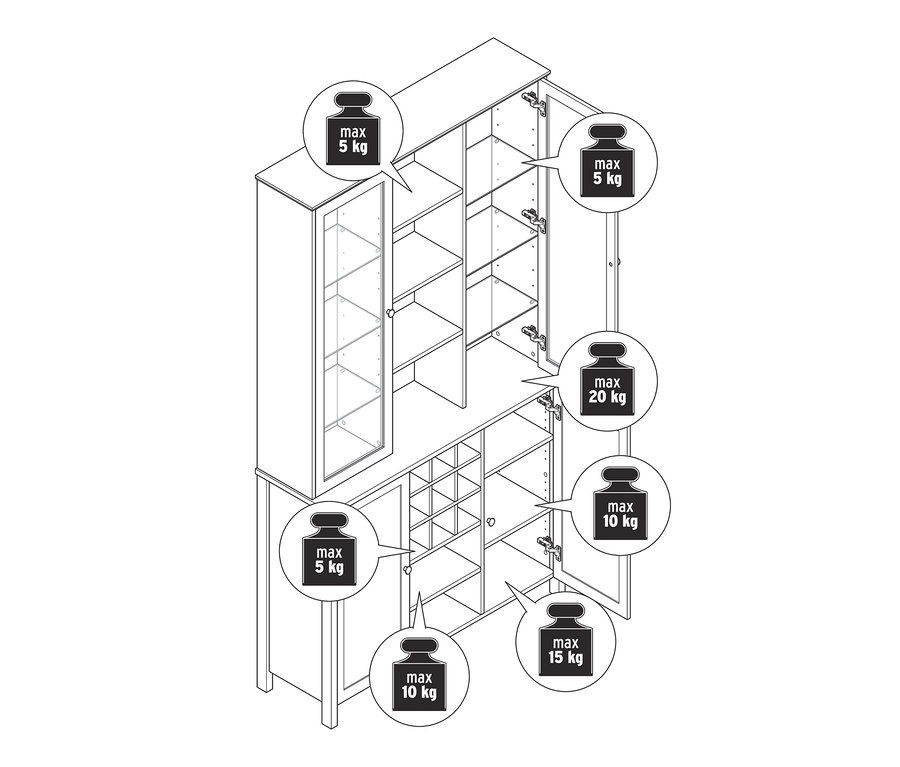 Skizze eines Buffet-Schranks mit Glastüren und Stauraum, mit geöffneten Türen und maximalen Gewichtsbegrenzungen.
