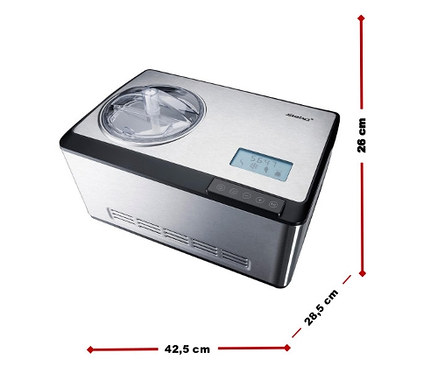 Silberne Steba-Eismaschine mit Kompressor und digitaler Anzeige.