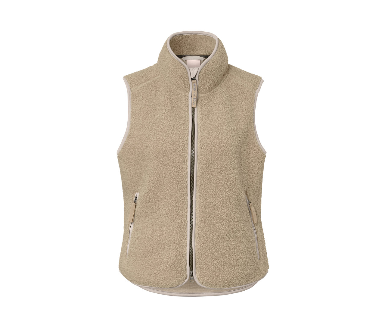 Beige Teddy-Weste mit Kragen und Reißverschluss in der Mitte.