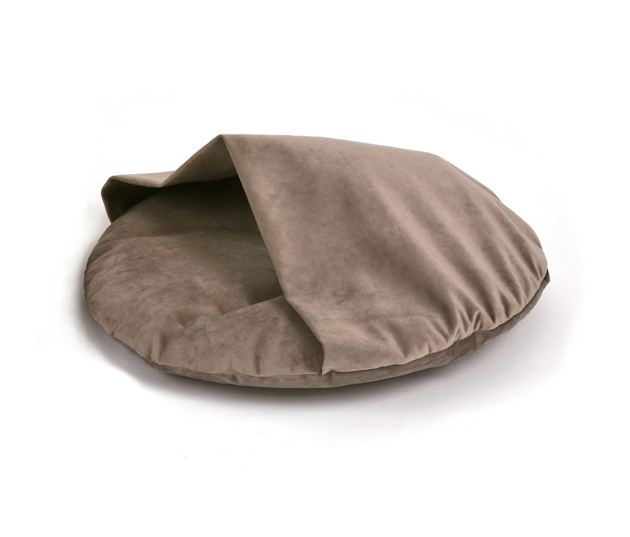 Graues, rundes Liegekissen »Iglu« für Haustiere mit teilweise abgedecktem Oberteil.