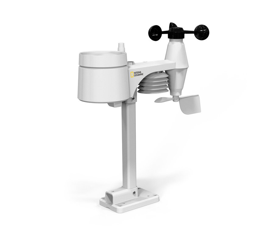 Weiße National Geographic 5-in-1-Funk-Wetterstation mit Farbdisplay.