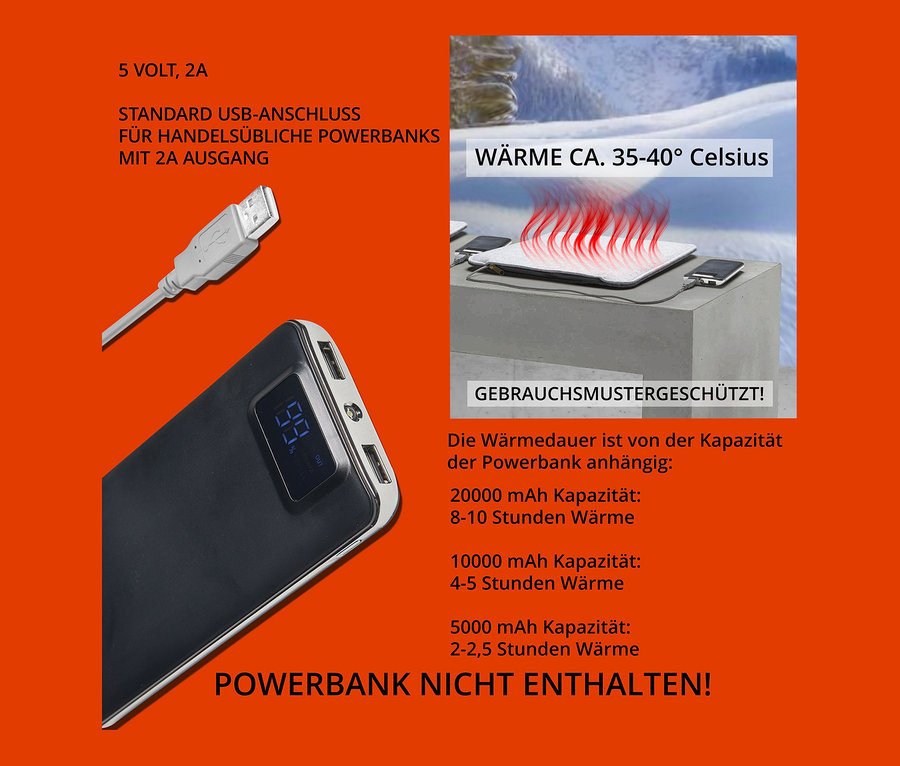 USB-Kabel und Powerbank neben beheizbarem Sitzkissen.