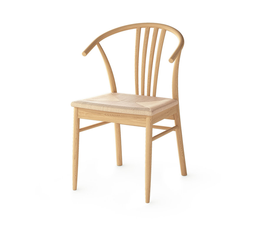 Esszimmerstuhl aus Eichenholz mit Rückenlehne und gewebter Sitzfläche.