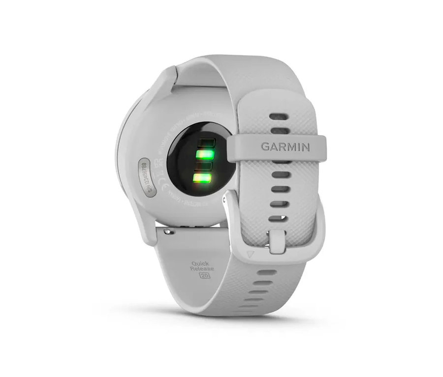 Detailansicht der Rückseite einer hellgrauen GARMIN vivomove Trend.