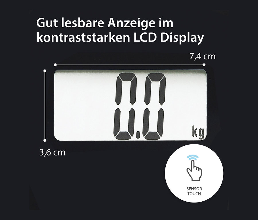 Nahaufnahme der Digitalen Körperanalysewaage von ADE in Schwarz, die 0,0 kg anzeigt.