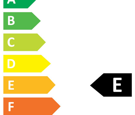 Energielabel mit den Klassen A bis G, wobei E hervorgehoben ist, für Trio LED-Deckenleuchte „Brad“.