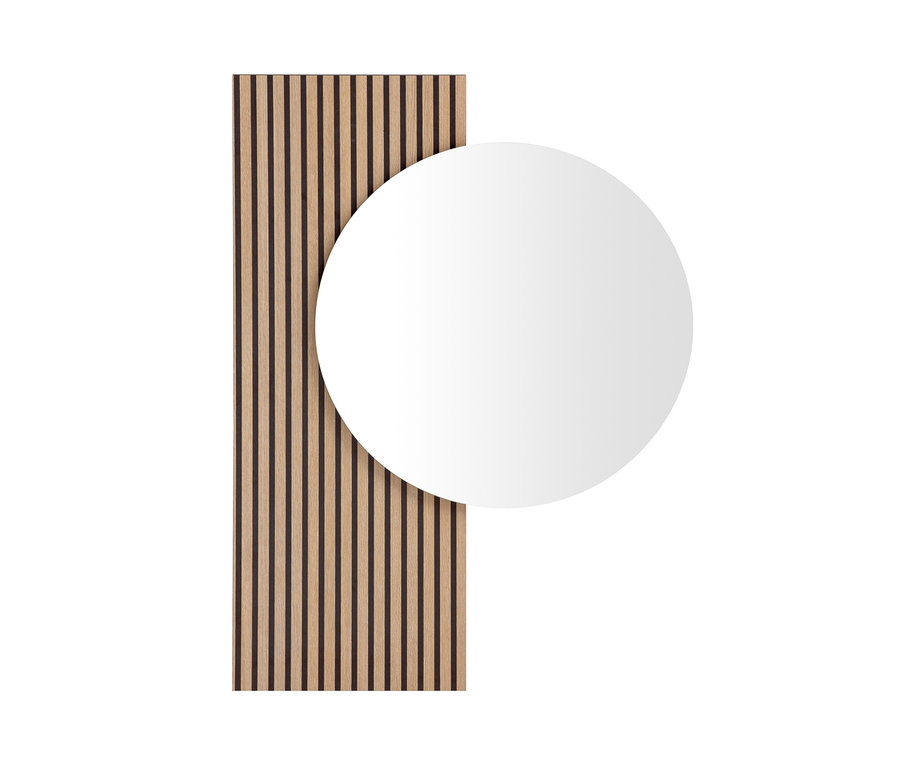 Ein runder Spiegel »Loft« ist an einer Holzpaneele mit Lamellen befestigt.