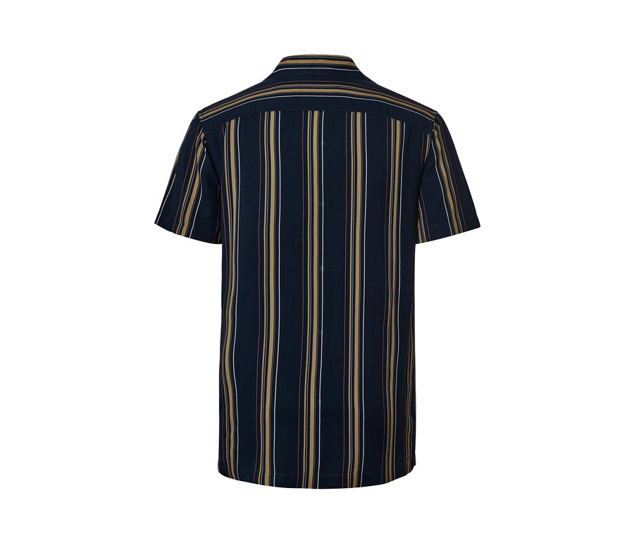 Rückansicht eines Kurzarmhemds mit blauen, braunen und weißen vertikalen Streifen.