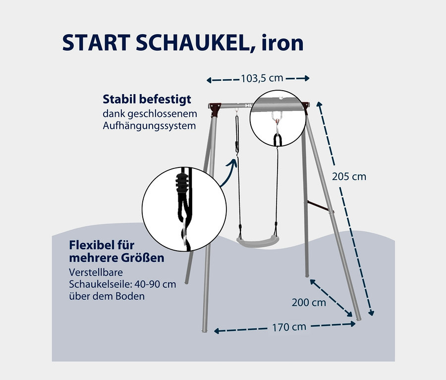 Abbildung der Maße der HUDORA Schaukel »Start«: 205 cm hoch, 170 cm breit und 200 cm tief.