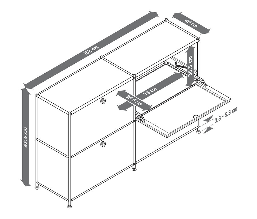 Abbildung eines Sideboards Metall »CN3« mit 4 Klappen und Abmessungen.
