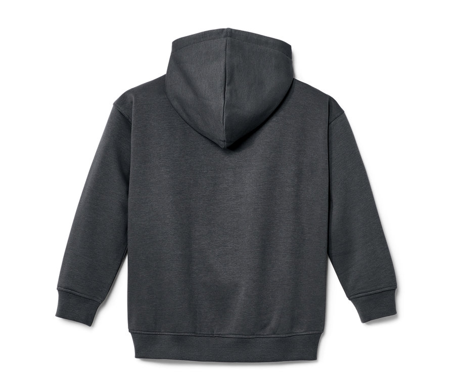 Rückansicht einer anthrazitfarbenen Kinder-Sweatjacke mit angerauter Innenseite und Kapuze.